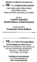 Bellevue Theater Kunst + Kultur in Tiergarten: Erinnerung für die Zukunft: Erich S. und Manfred E. am 9. 11. 2006 und ein Gustaf Gründgens-Abend mit Peter André R. am Klavier am 10. 11. 2006 (Quelle: Andreas Weigelt, Programmfaltblatt des Bellevue)